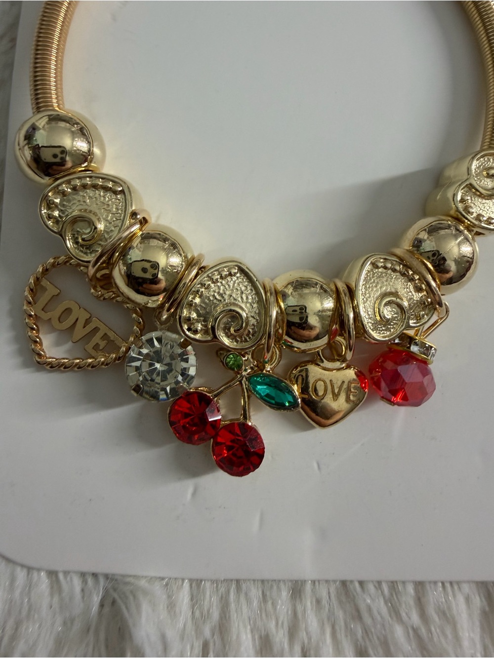 Gold-Tone Charm Bracelet with Red Cherry and Crystal Accents - - Picture 2 of 2